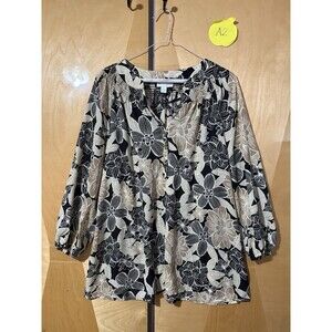 Charter Club Womens M Medium Blouse Brown Black Floral Long Sleeve Lightweight